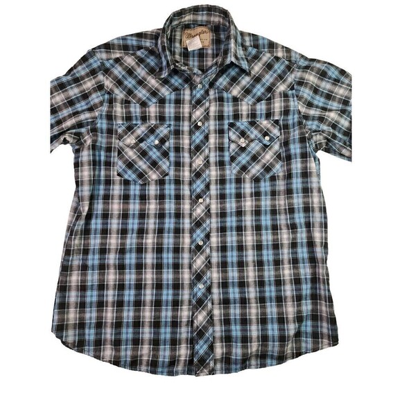 Wrangler Womens Western Shirt  Black/Teal Plaid Pearl Snap Collar Pocket SZ L - Picture 2 of 6